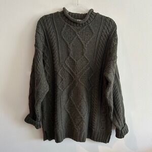 Aran Crafts Sweater Green Medium Merino Wool Irish Cable Knit Mock Neck